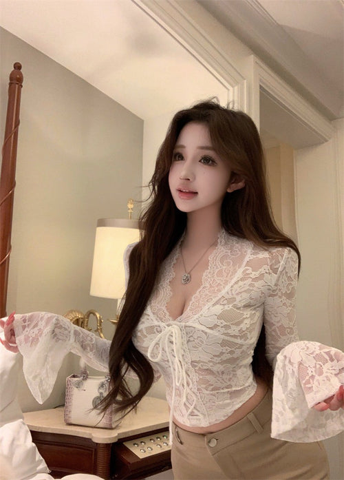 26Jun. 魅惑蕾絲v領斬女收腰上衣 杏/黑