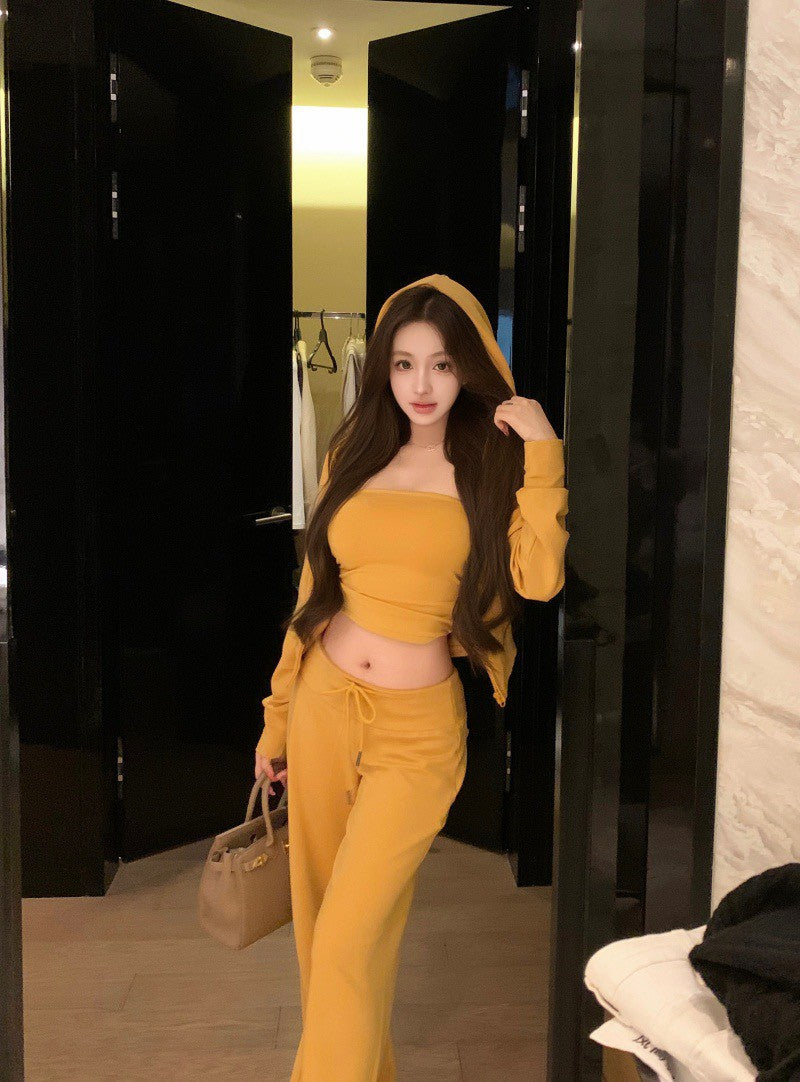 26Jun. 歐美女 休閒時髦抹胸收腰外套套裝 抽繩休閒褲 黃