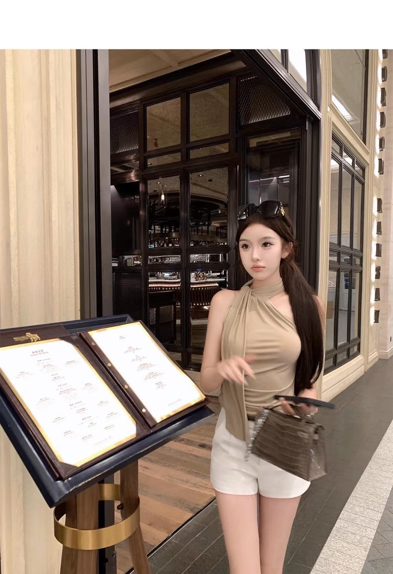 26Jun. 氣質韓女顯瘦一體飄帶背心 卡其