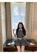 26Sep. 韓女甜美娃娃領蝴蝶結半身裙套裝 灰
