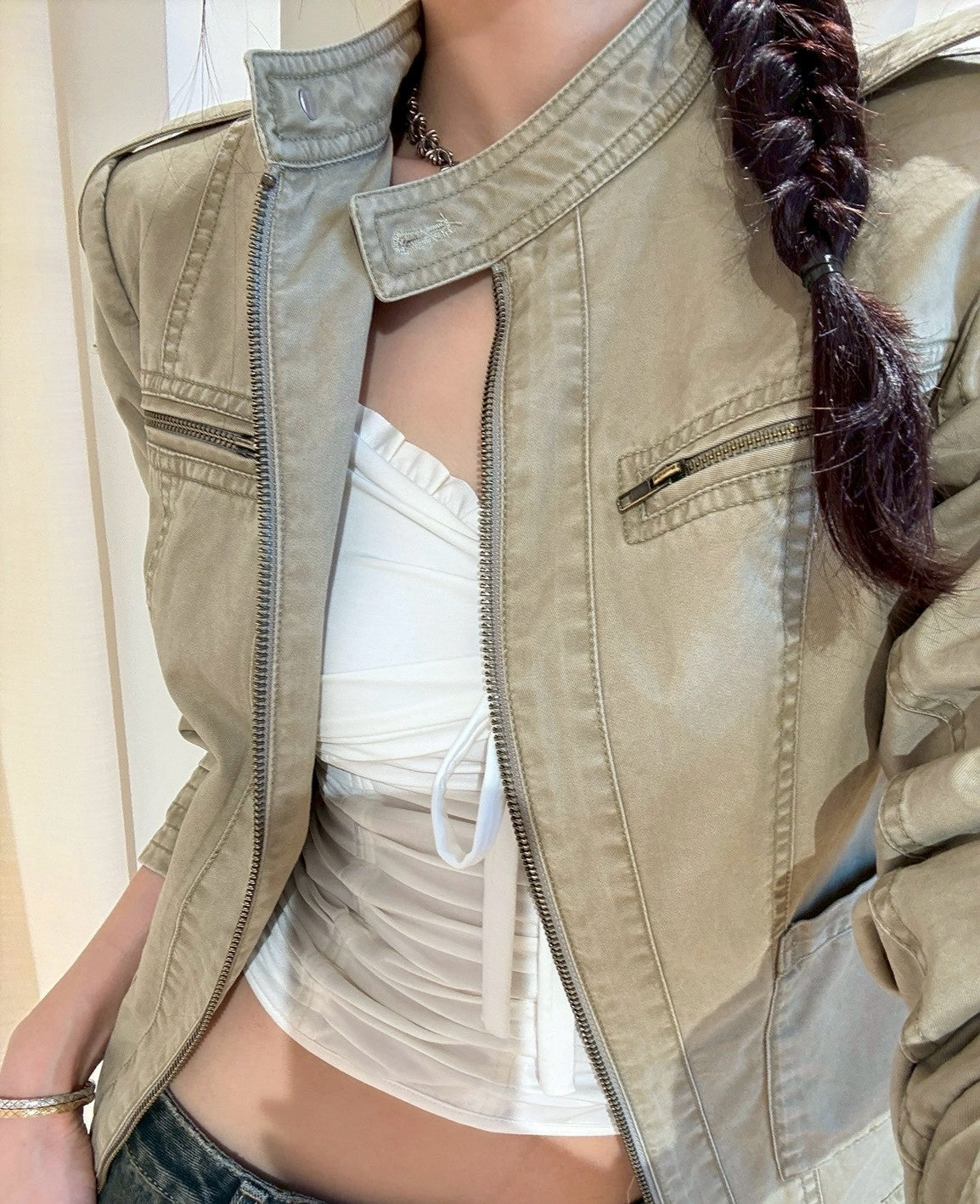 26Jun. 美式做舊立領正肩修身夾克 卡其