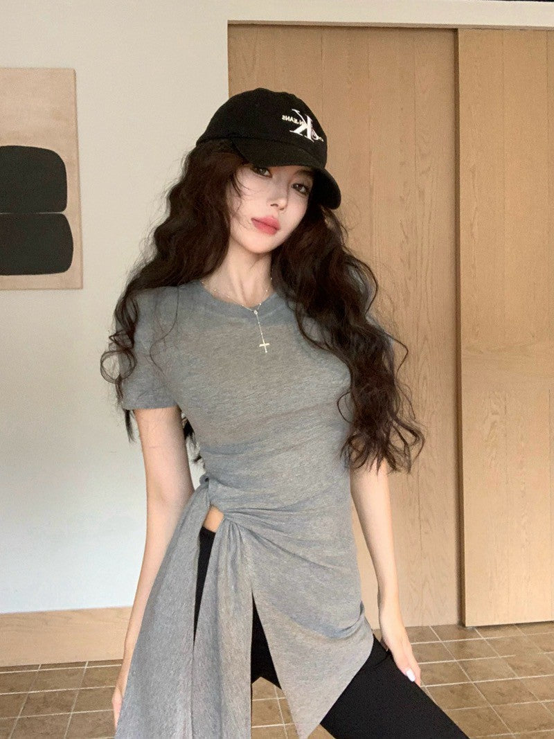 26Jun. 簡約圓領側腰開叉顯瘦上衣 灰/黑