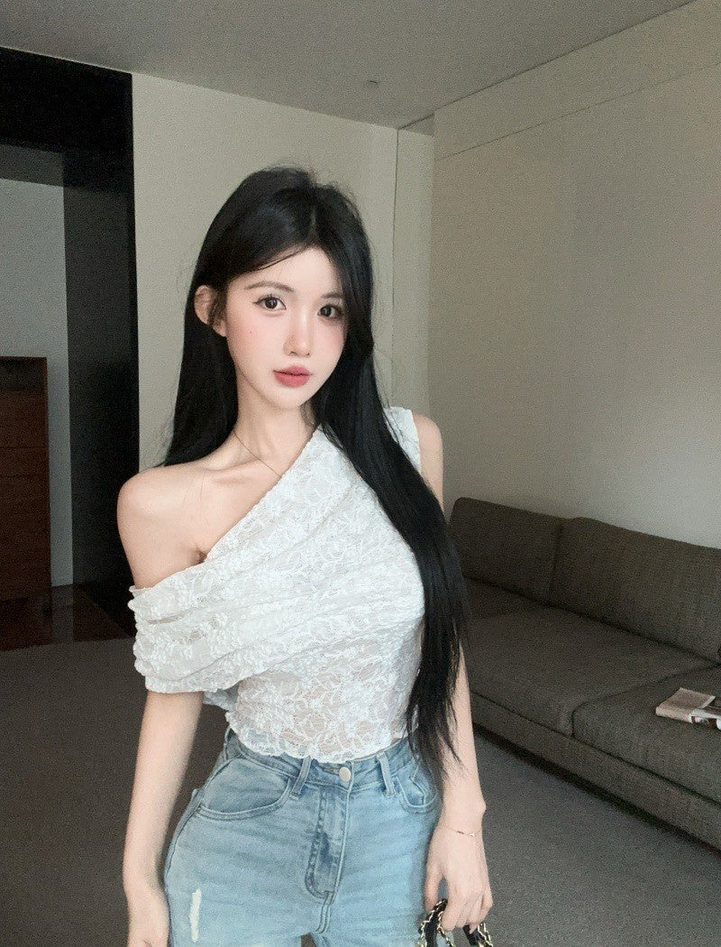 26Jun. 氣質斜肩蕾絲上衣 白