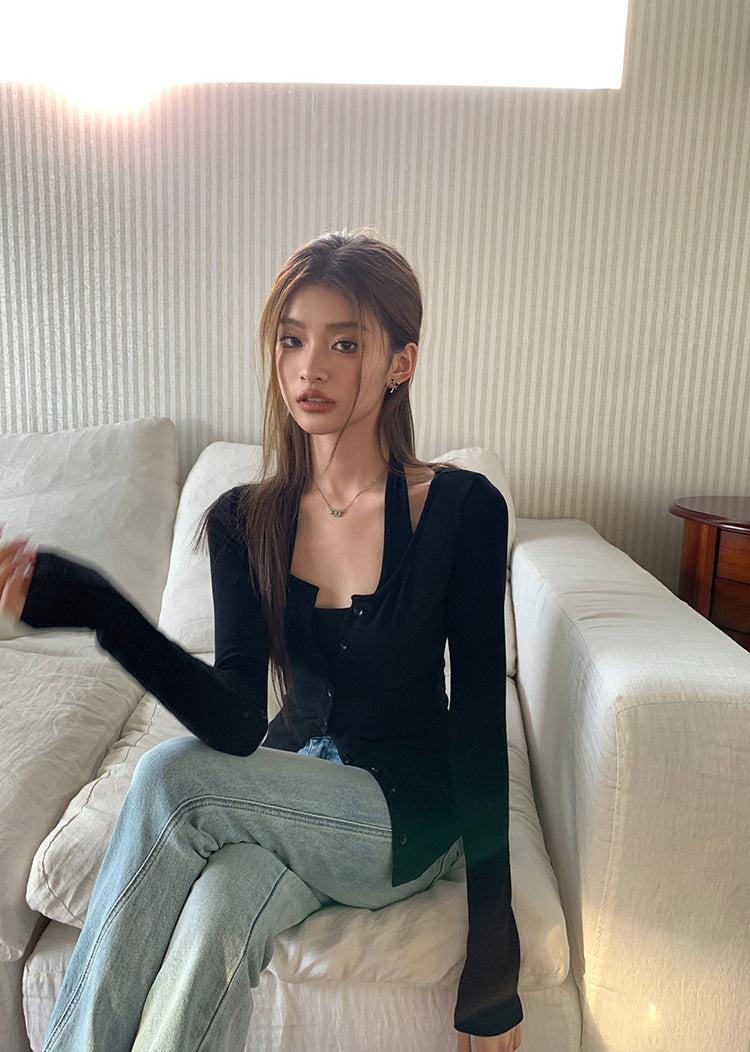 26Jun. 漫畫腰 顯瘦假兩件式背心上衣 黑