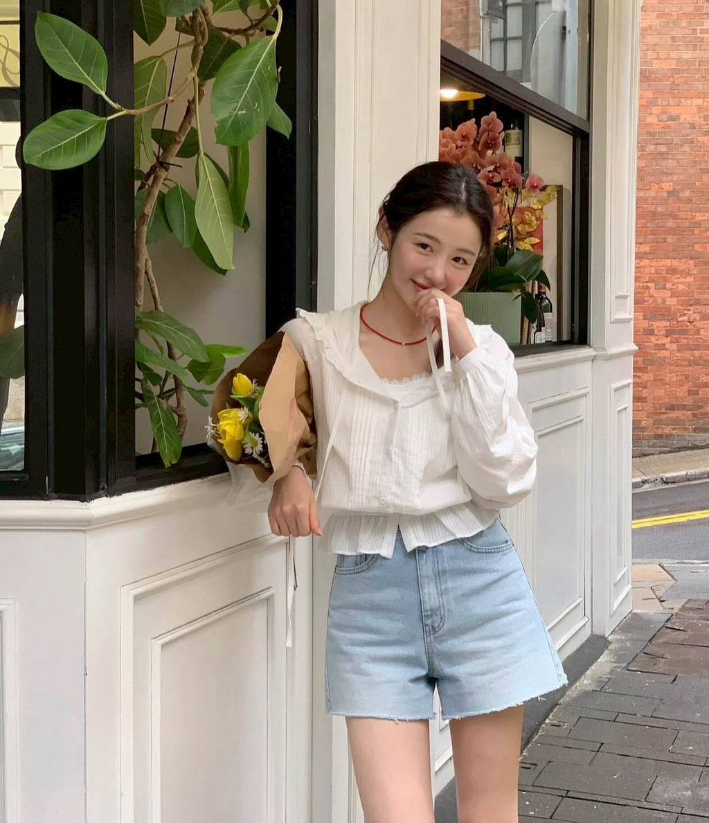 26Jun. 韓里韓氣可愛收腰花邊連帽鈕扣外套 白