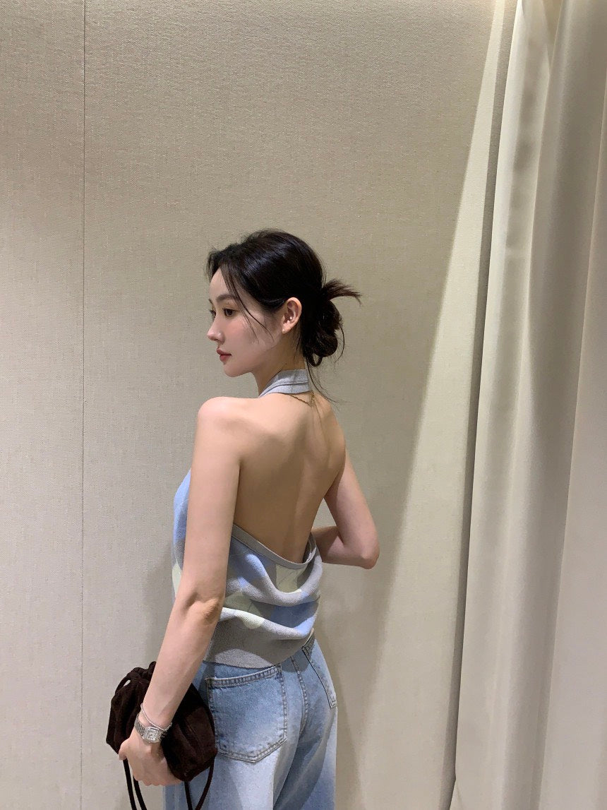 26Jun. 復古菱格掛脖針織背心 淺藍