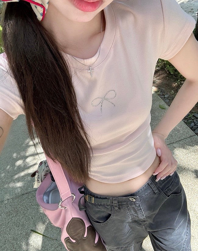 26Jun. 純甜小惡魔 簡約正肩上衣 燙鑽蝴蝶結2版 粉色