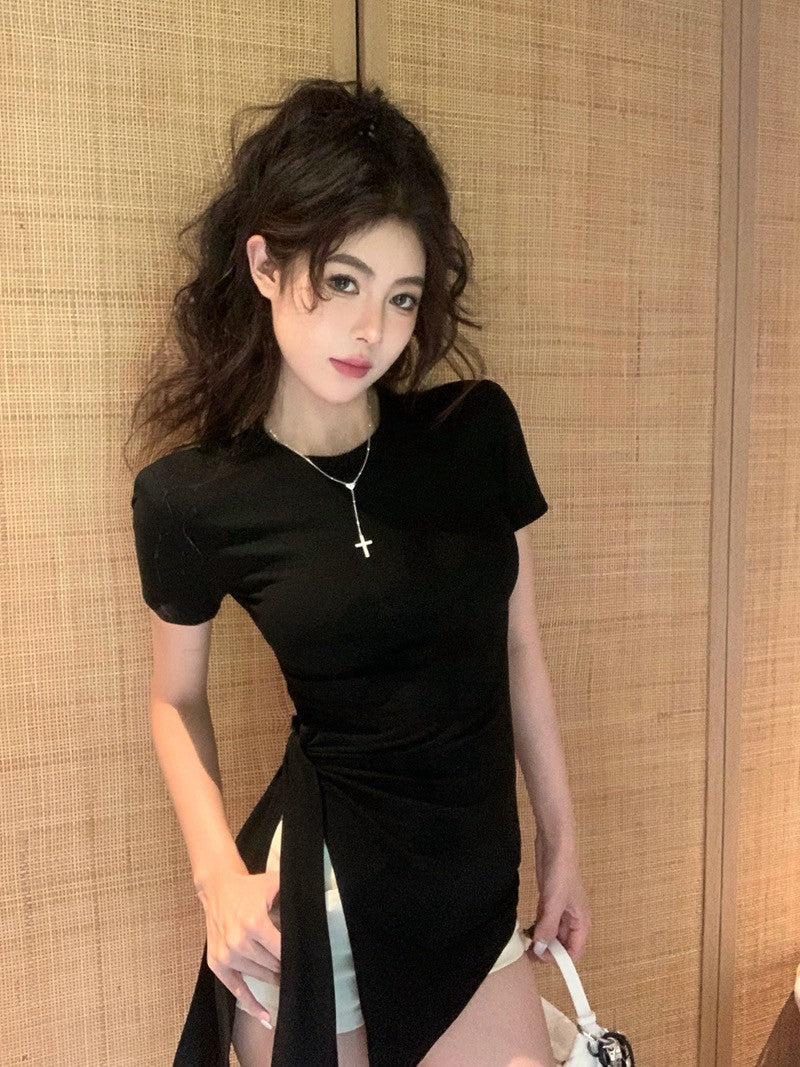 26Jun. 簡約圓領側腰開叉顯瘦上衣 灰/黑