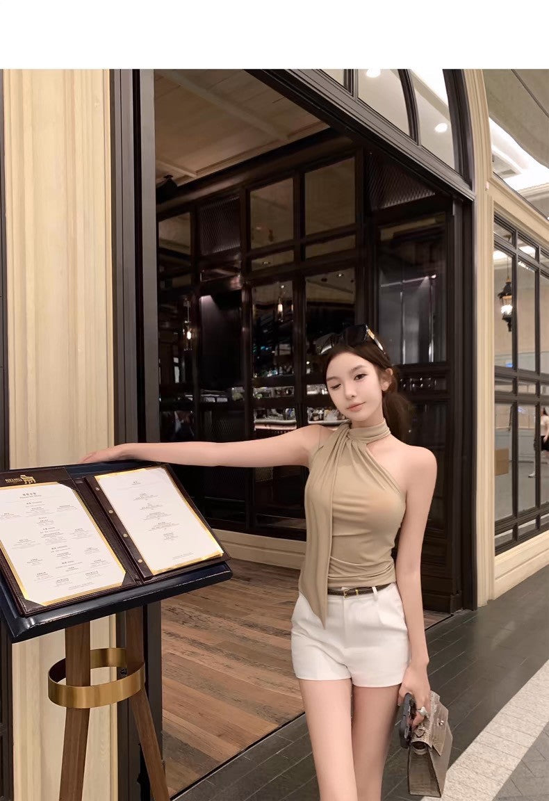 26Jun. 氣質韓女顯瘦一體飄帶背心 卡其