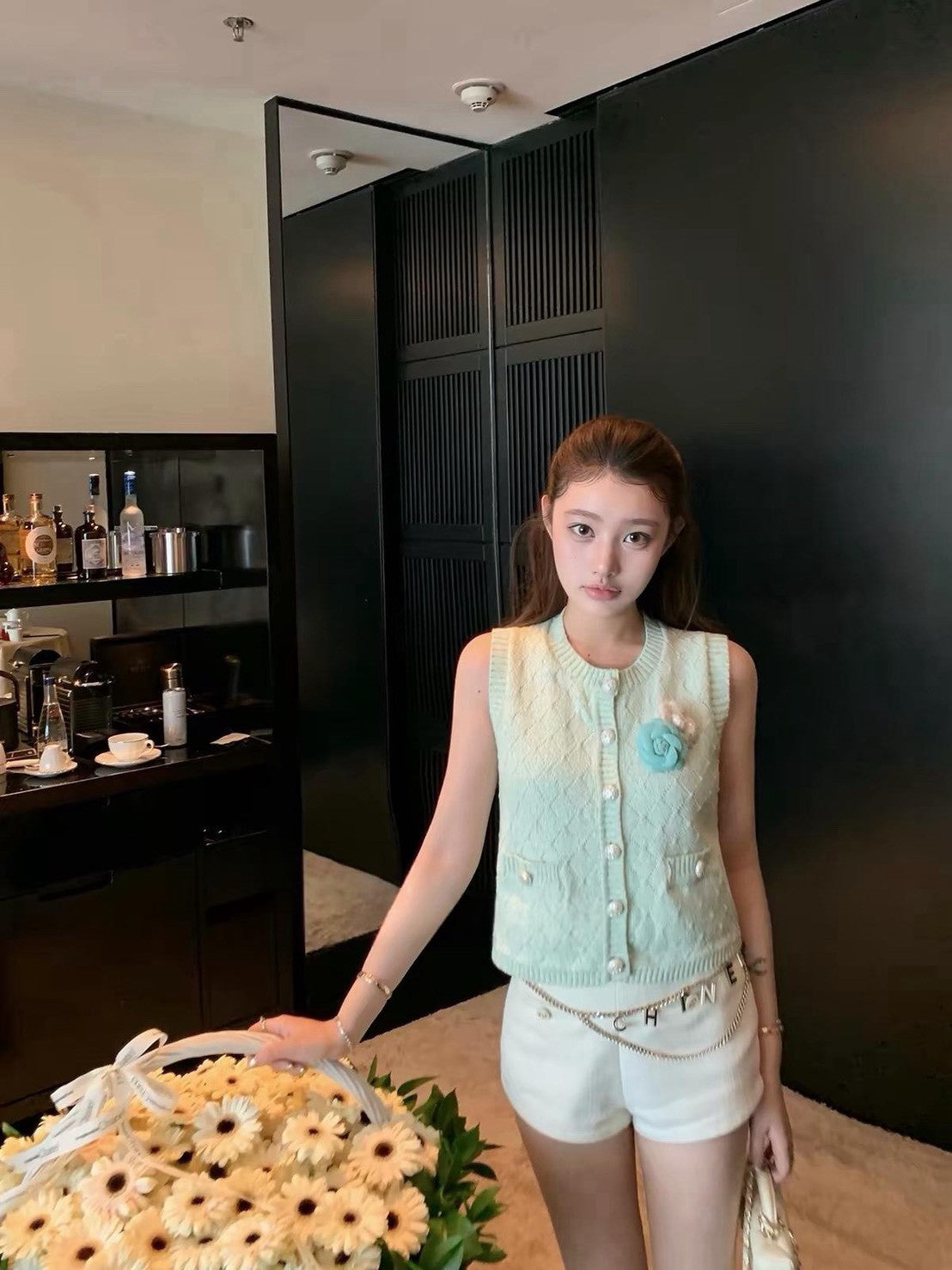 26Jul. 薄荷小香圓領鈕扣針織菱格背心（無胸花）