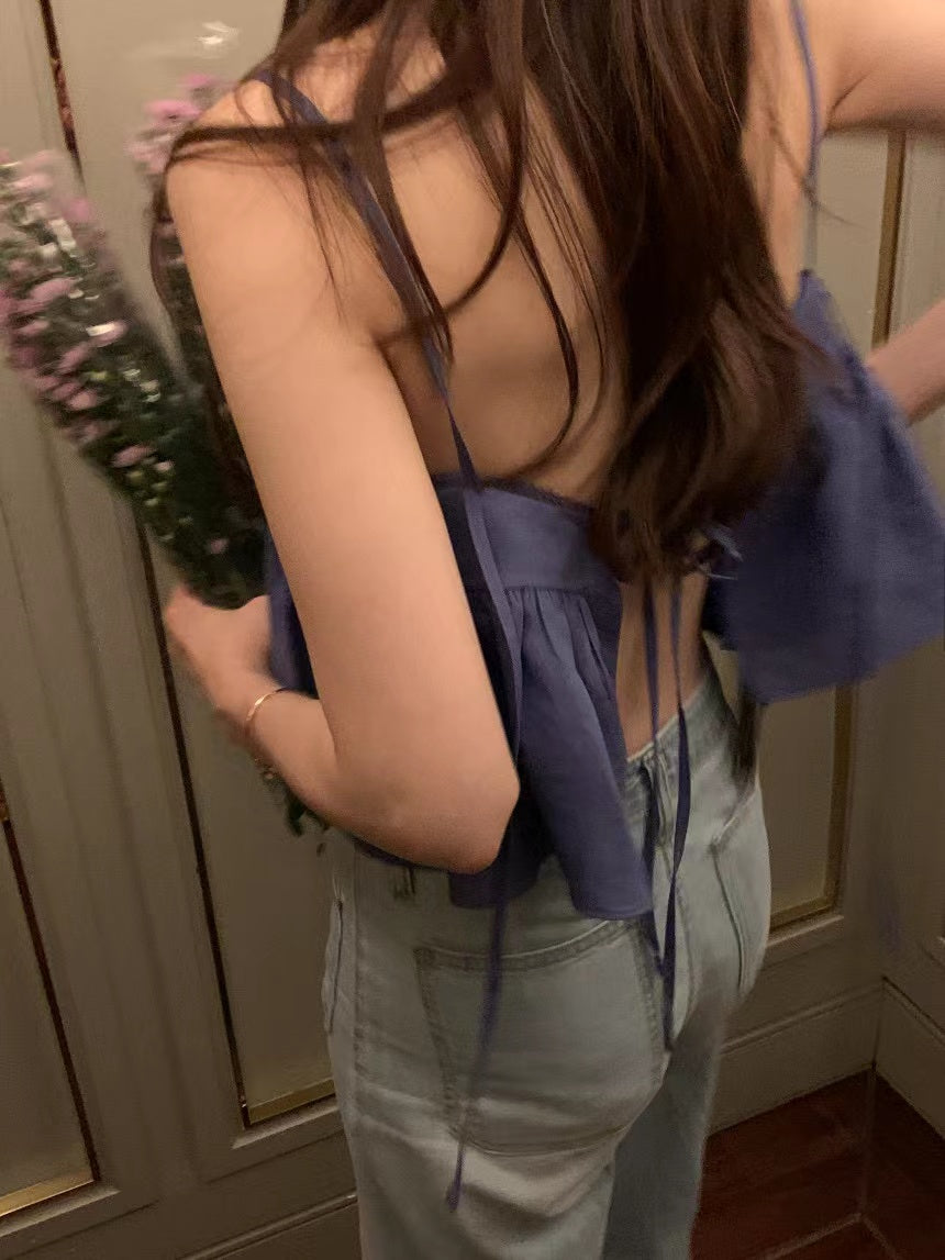 26Jun. 後背綁帶美胸短版背心 黑/藍
