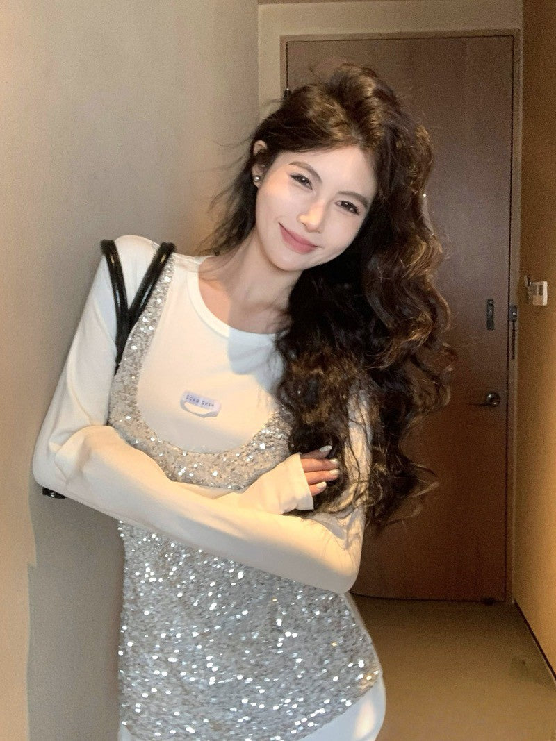 26Jun. 大王blingbling 絨絲亮片拼接圓領上衣 白/灰