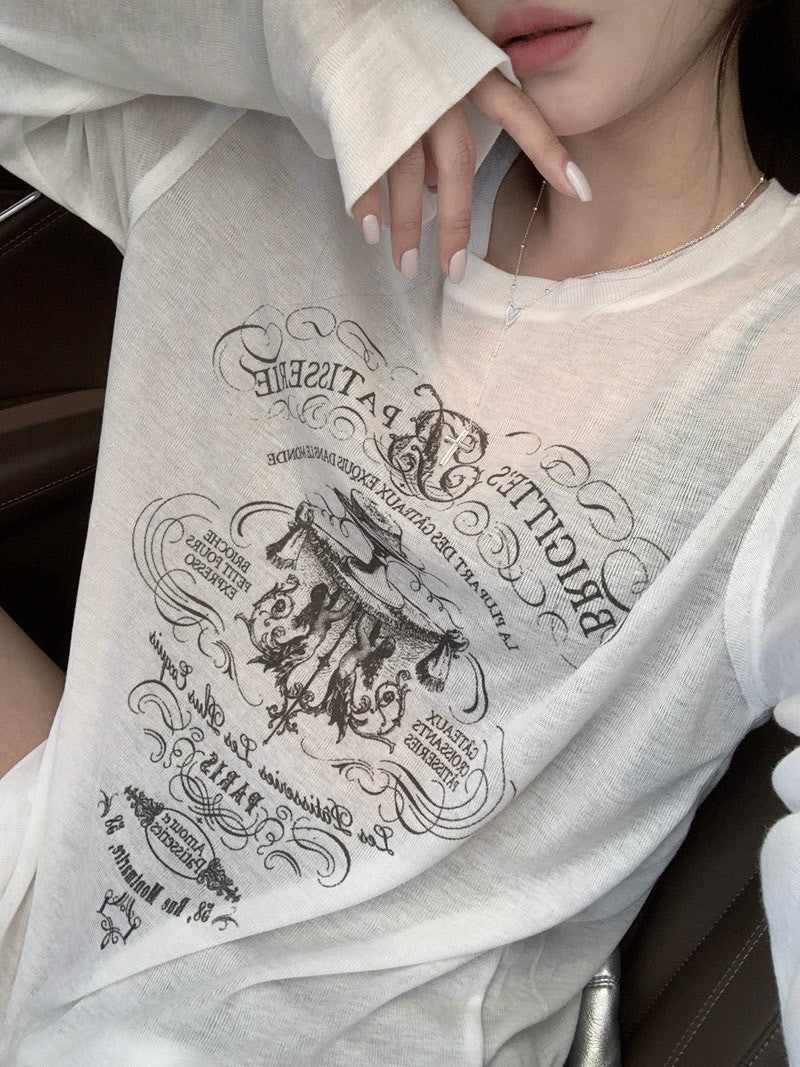 26Jun. 俏皮防曬模式 圓領美式印花上袖上衣 白