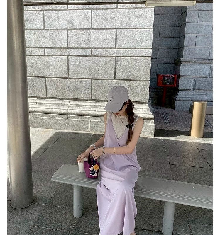 26Jun. 醋酸緞光V領豆扣寬鬆連身裙 香薰紫