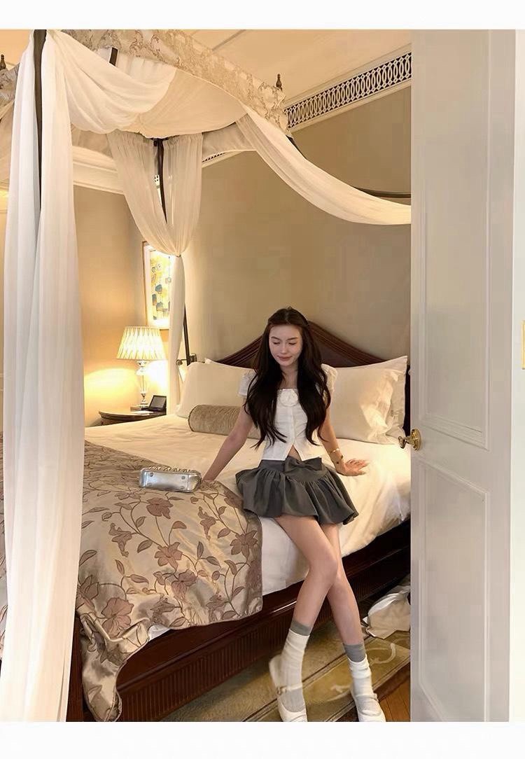 26Sep. 韓女甜美娃娃領蝴蝶結半身裙套裝 灰