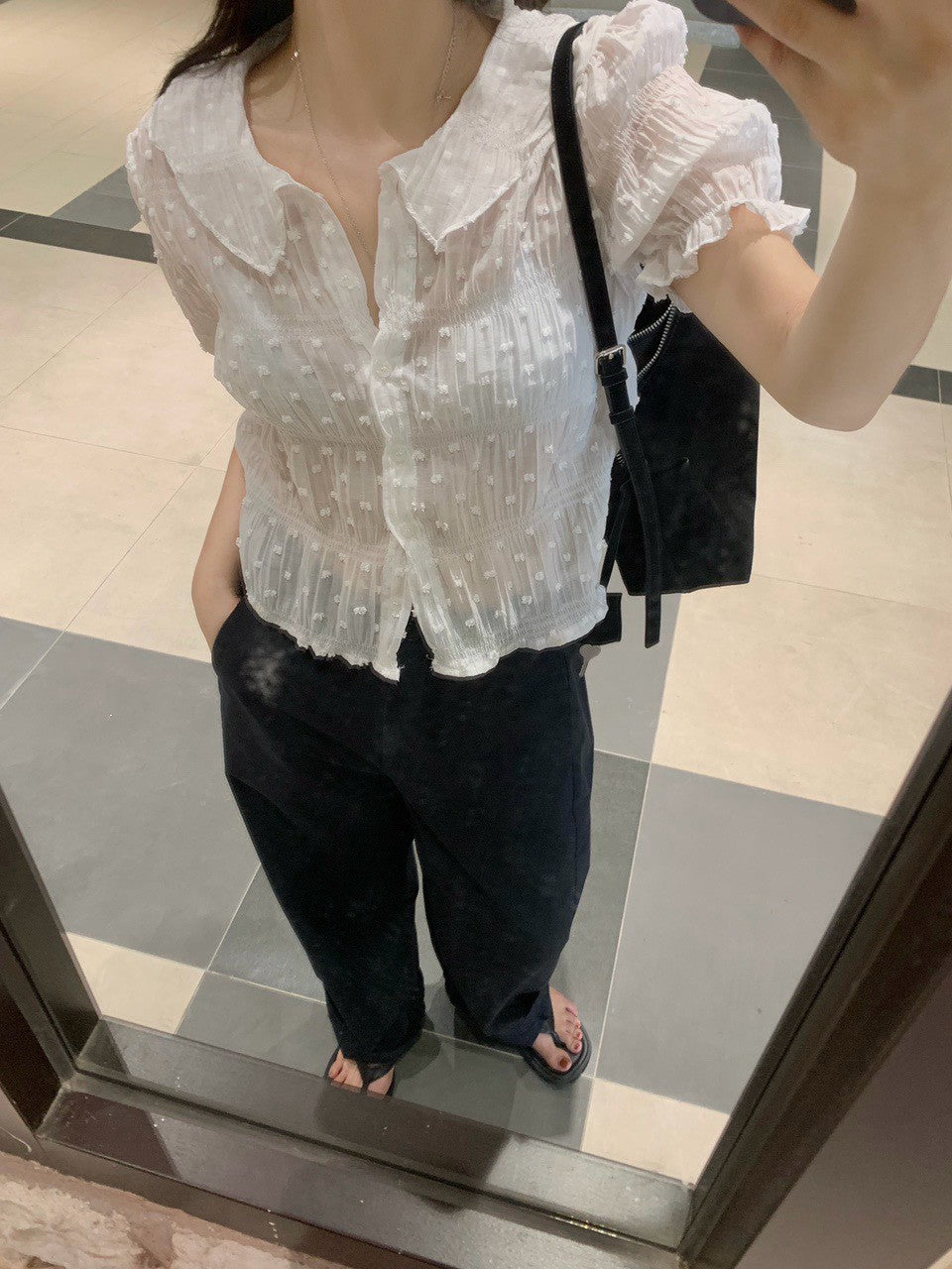 26Sep. 甜美娃娃領花摺雪紡上衣 白