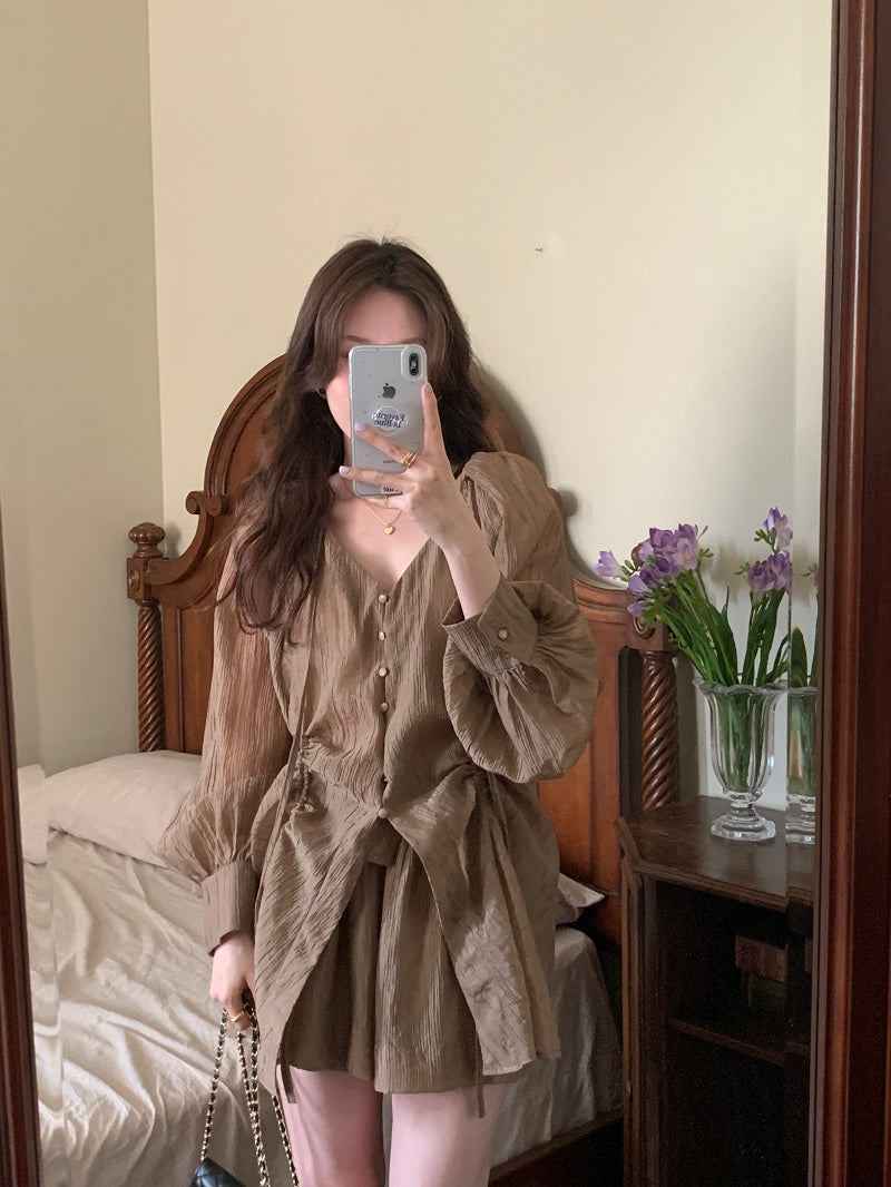 26Jun. 雲朵澎澎v領襯衫套裝 駝色
