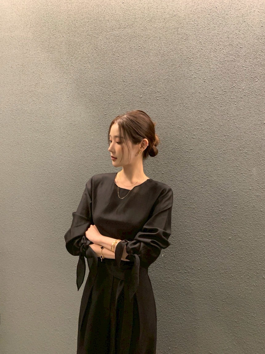 26Jun. 春夏chic韓系簡約蝴蝶結綁袖上衣 灰/黑