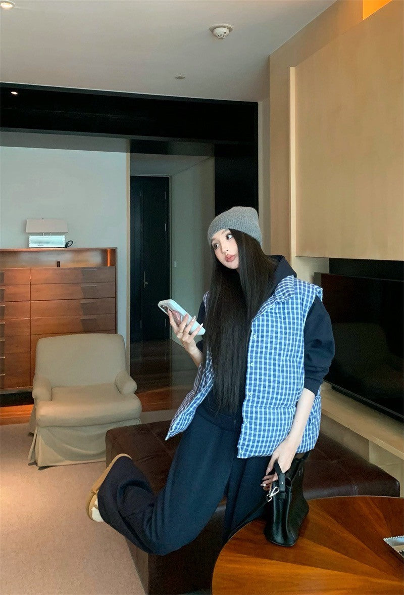 26Jun. 韓星慵懶掛 休閒連帽外套 鬆緊休閒褲 格紋羽絨背心