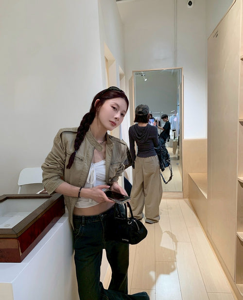 26Jun. 美式做舊立領正肩修身夾克 卡其