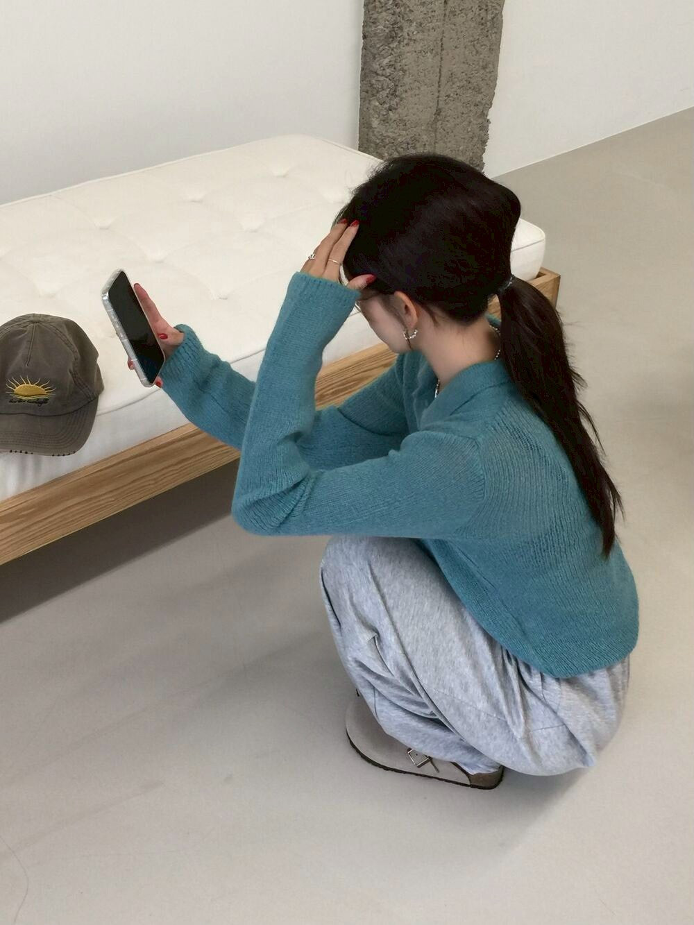 26Jun. 韓女慵懶感特殊機法微透視針織襯衫 湖藍/灰