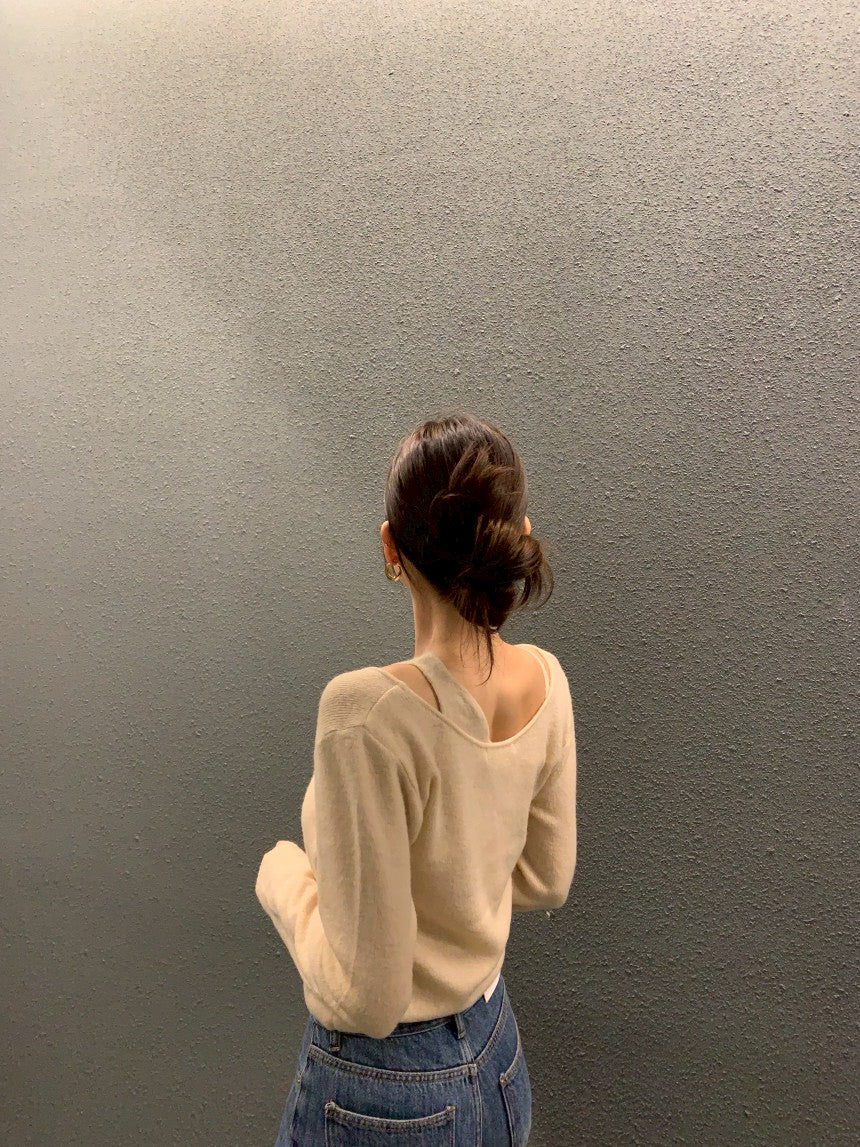 26Jun. 不規則設計針織拼接長袖上衣 杏/黑