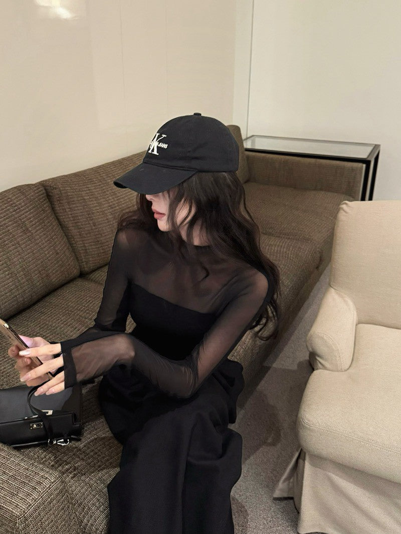 26Jun. 歐美性感透視感拼接刷毛上衣 黑