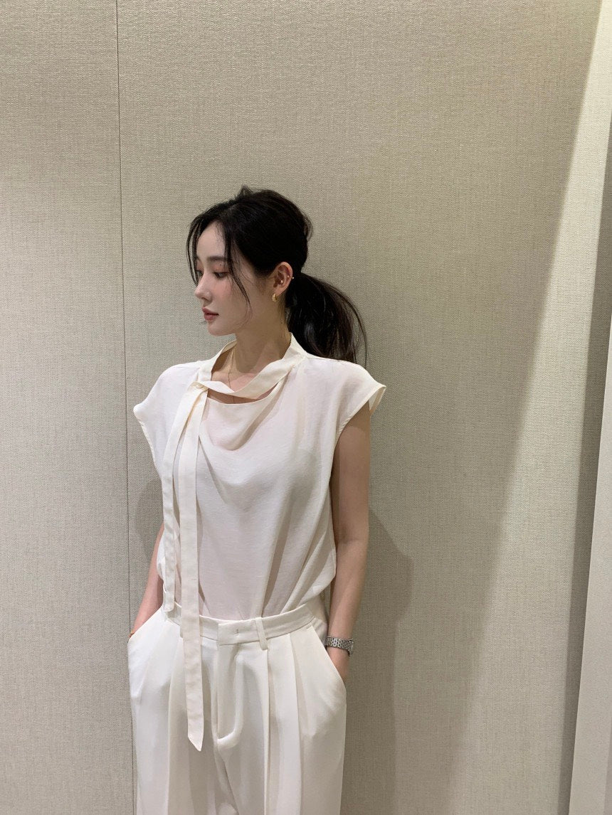 26Jun. 知性優雅飄帶小袖上衣 淺粉/米