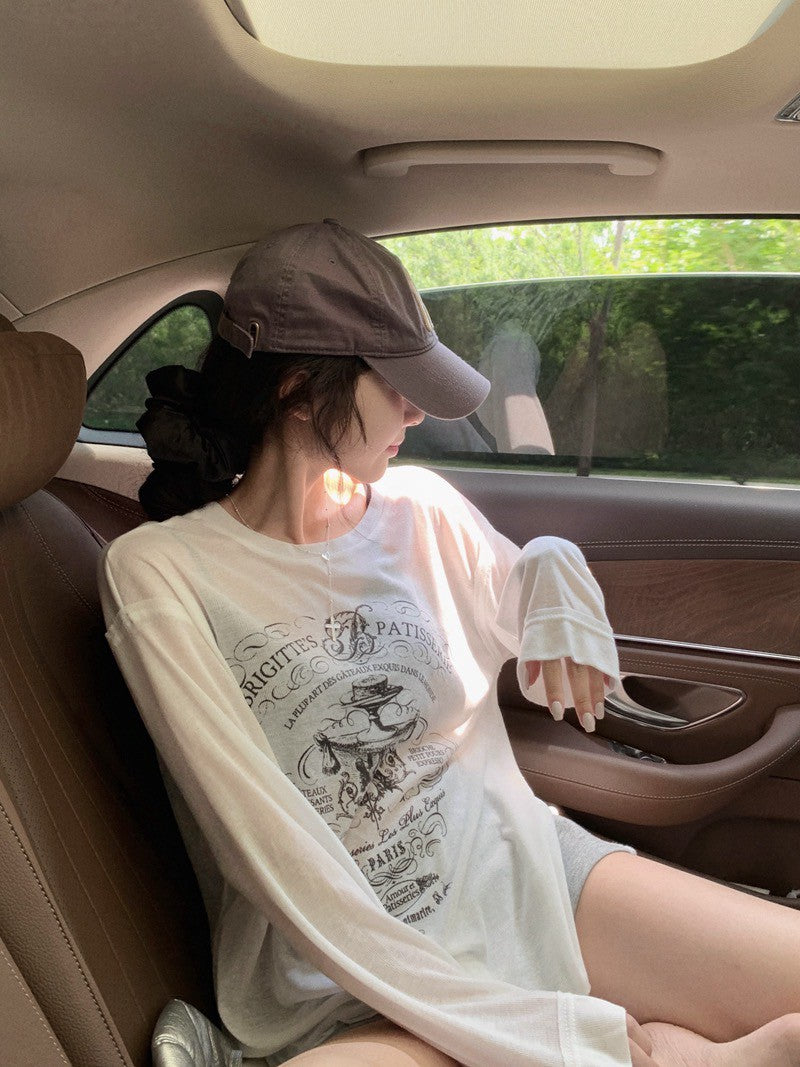 26Jun. 俏皮防曬模式 圓領美式印花上袖上衣 白