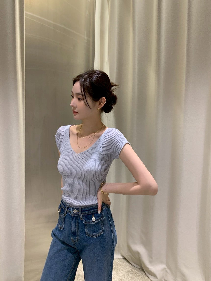 26Jun. 瘦瘦針紙衫 V領美背小綁帶設計上衣 白/淺藍