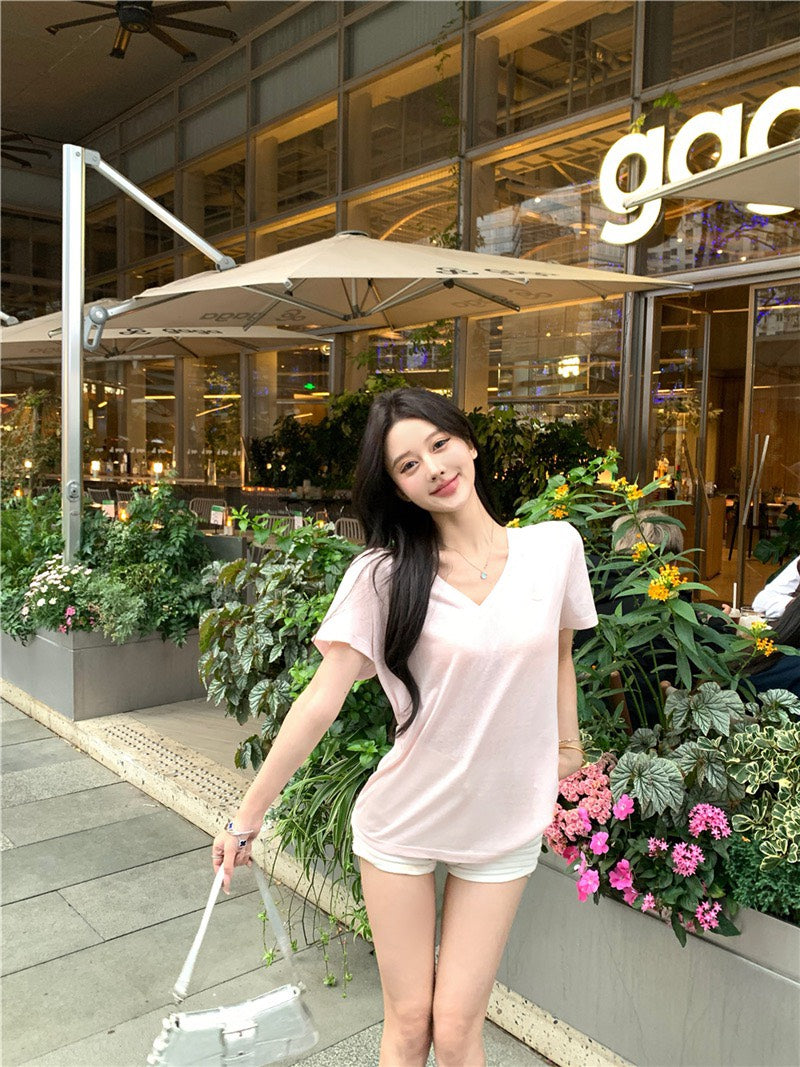 26Jun. 熱銷款女王回歸 面膜V領T恤 粉/灰