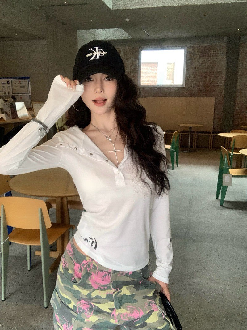 26Jun. 美式印花棉混麻連帽上衣 白/黑