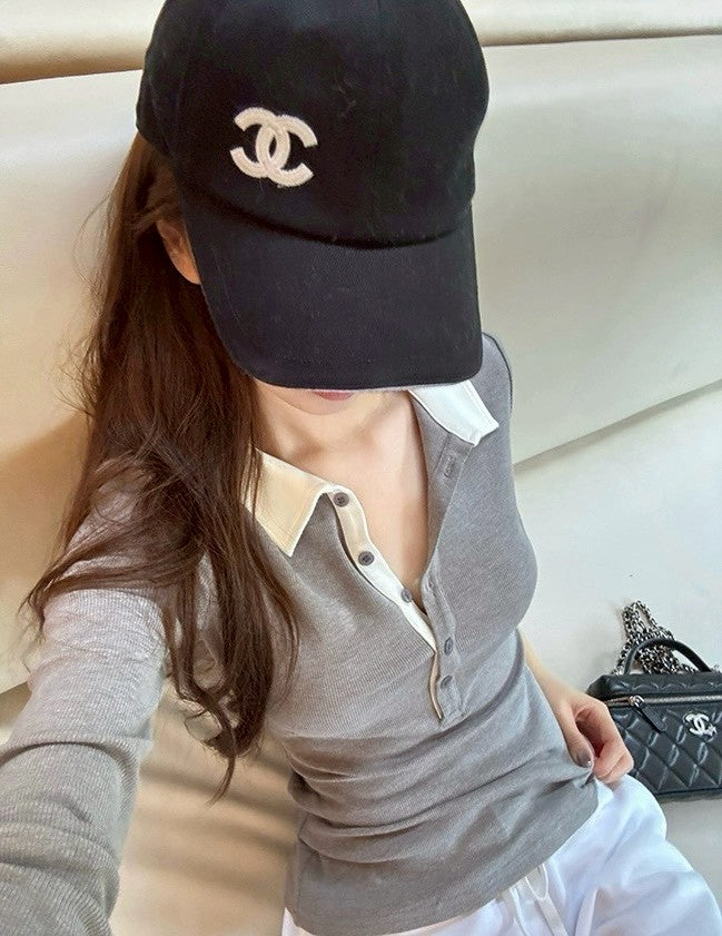 26Jun. Fri. 智性感撞色polo鈕扣上衣 灰/米