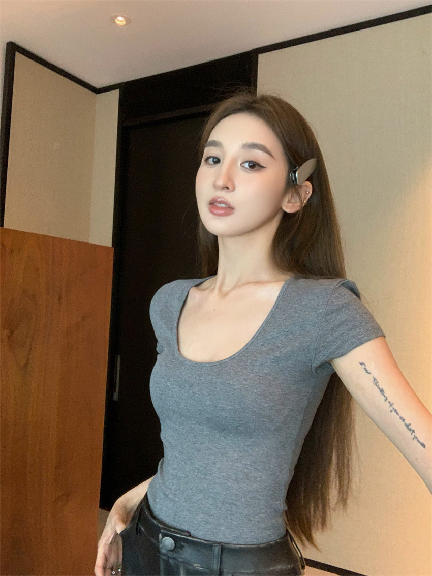 26Jun. 彈力修身大U短版上衣 灰