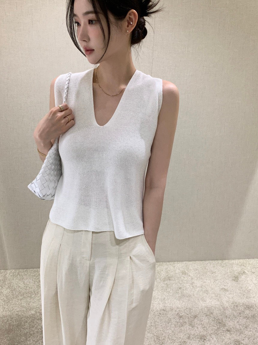 26Jun. 涼爽織紡V領後背交叉背心 白/藍