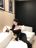 26Jun. 極致美腰性感掛脖交叉綁腰彈力連身裙 黑/藍