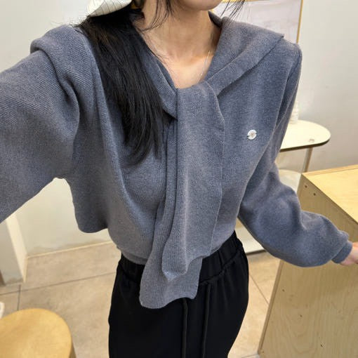 26Jun. 減齡海軍領飄帶短款長袖上衣 米/藍/灰/黑