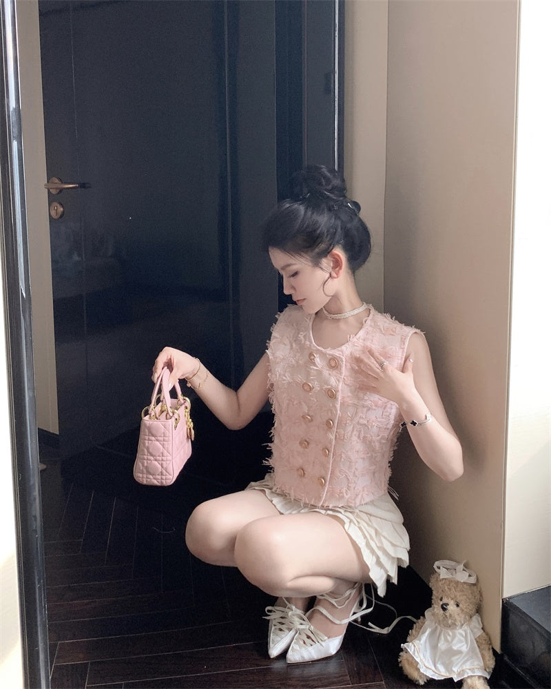 26Jun. 雙排扣流蘇小香馬甲背心 粉