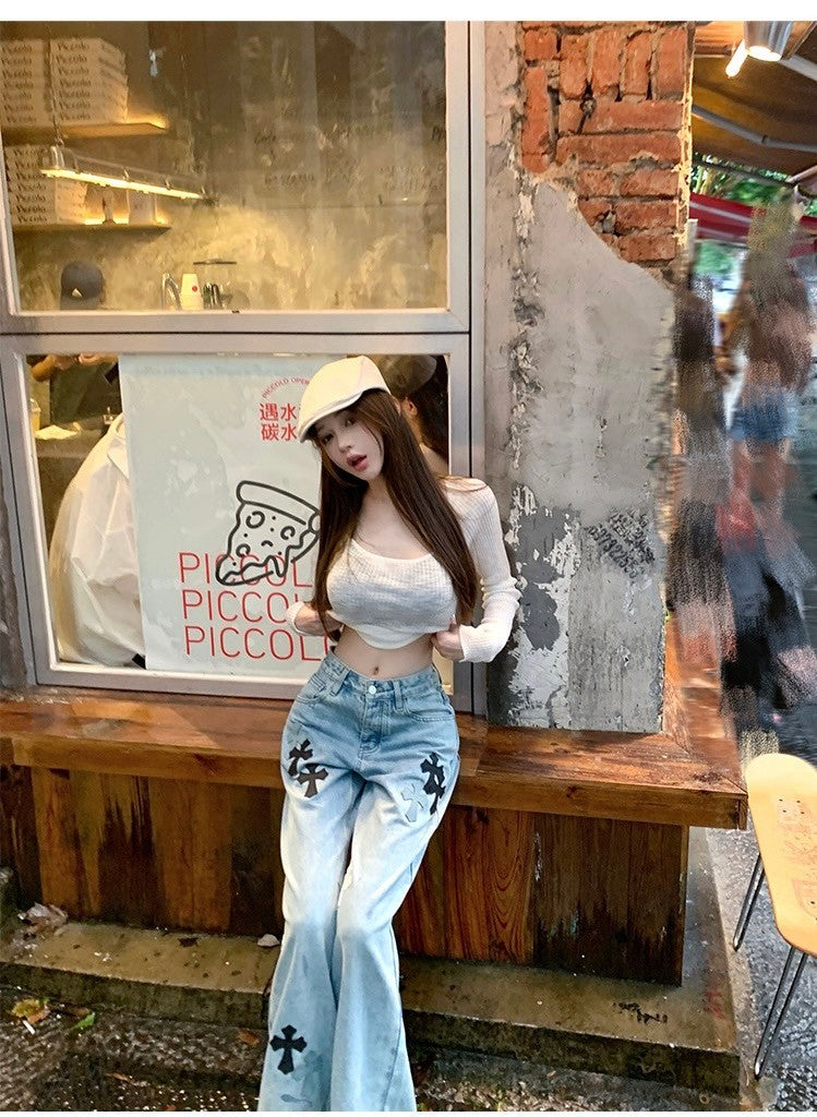 26Jun. 復古回歸 十字架拼圖辣妹顯瘦直筒牛仔褲
