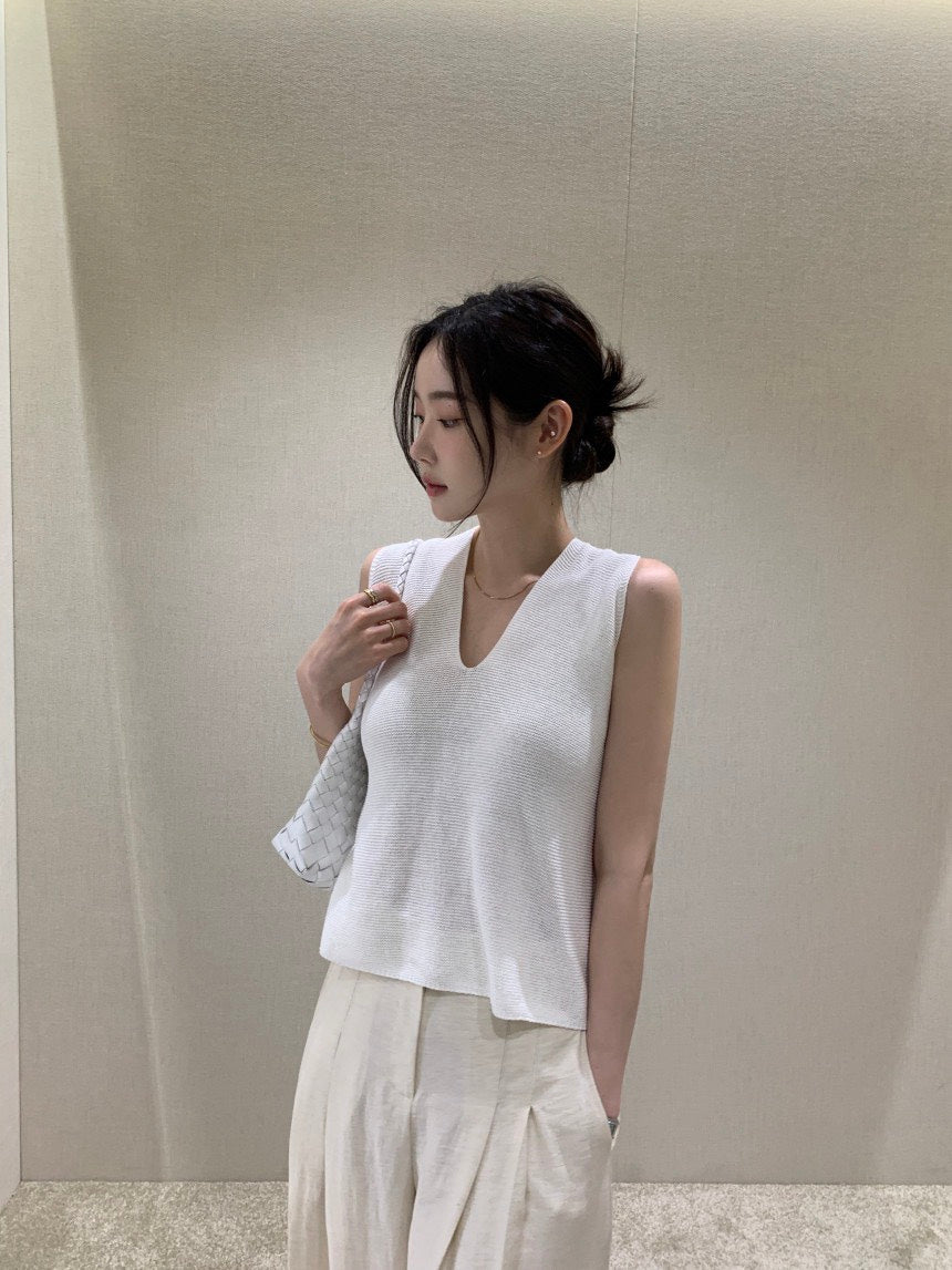 26Jun. 涼爽織紡V領後背交叉背心 白/藍
