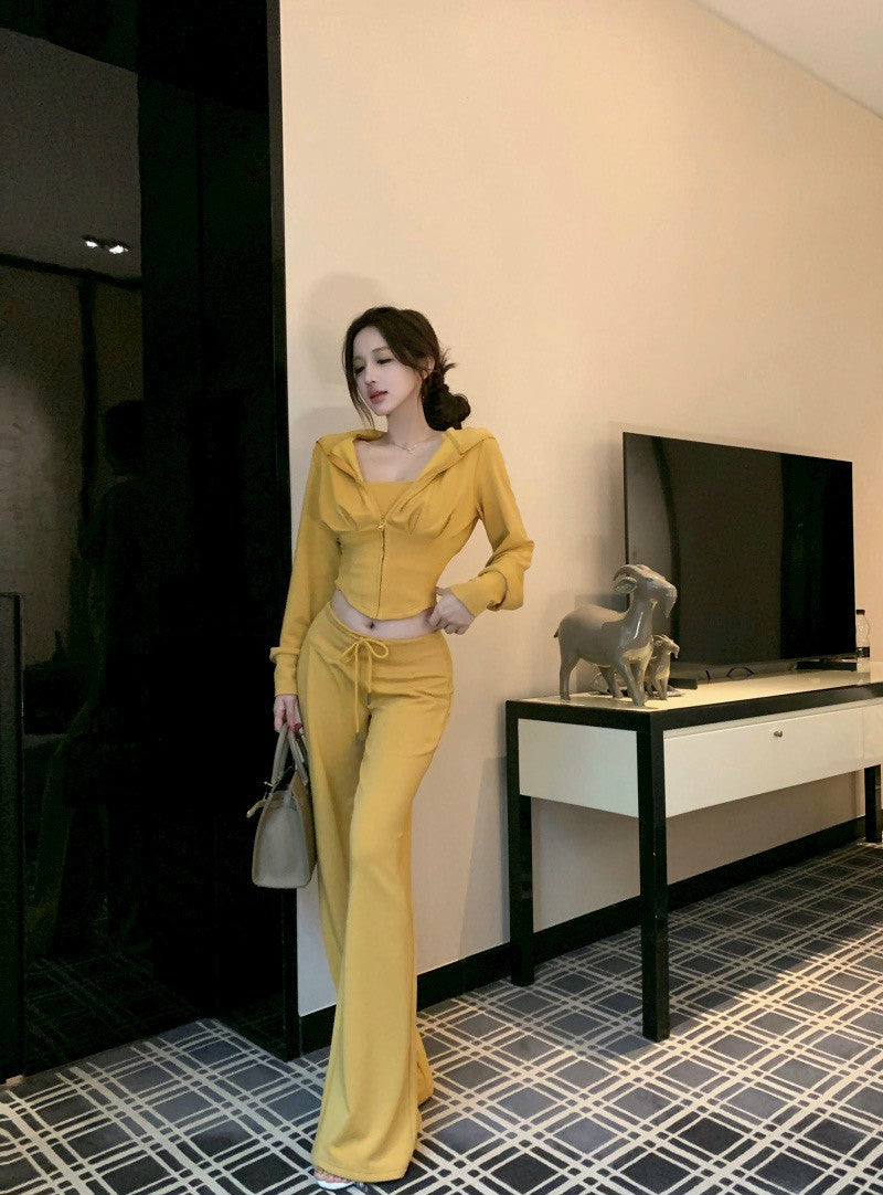 26Jun. 歐美女 休閒時髦抹胸收腰外套套裝 抽繩休閒褲 黃