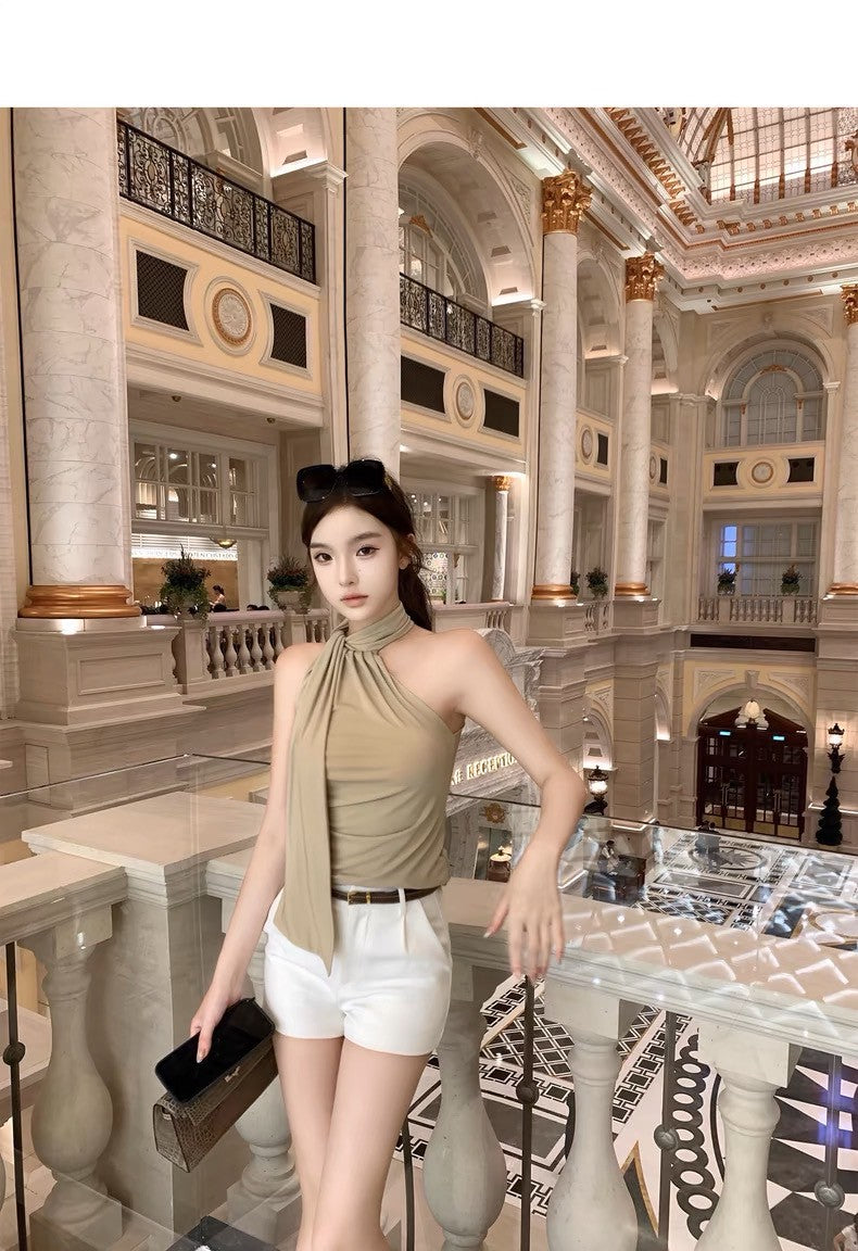 26Jun. 氣質韓女顯瘦一體飄帶背心 卡其