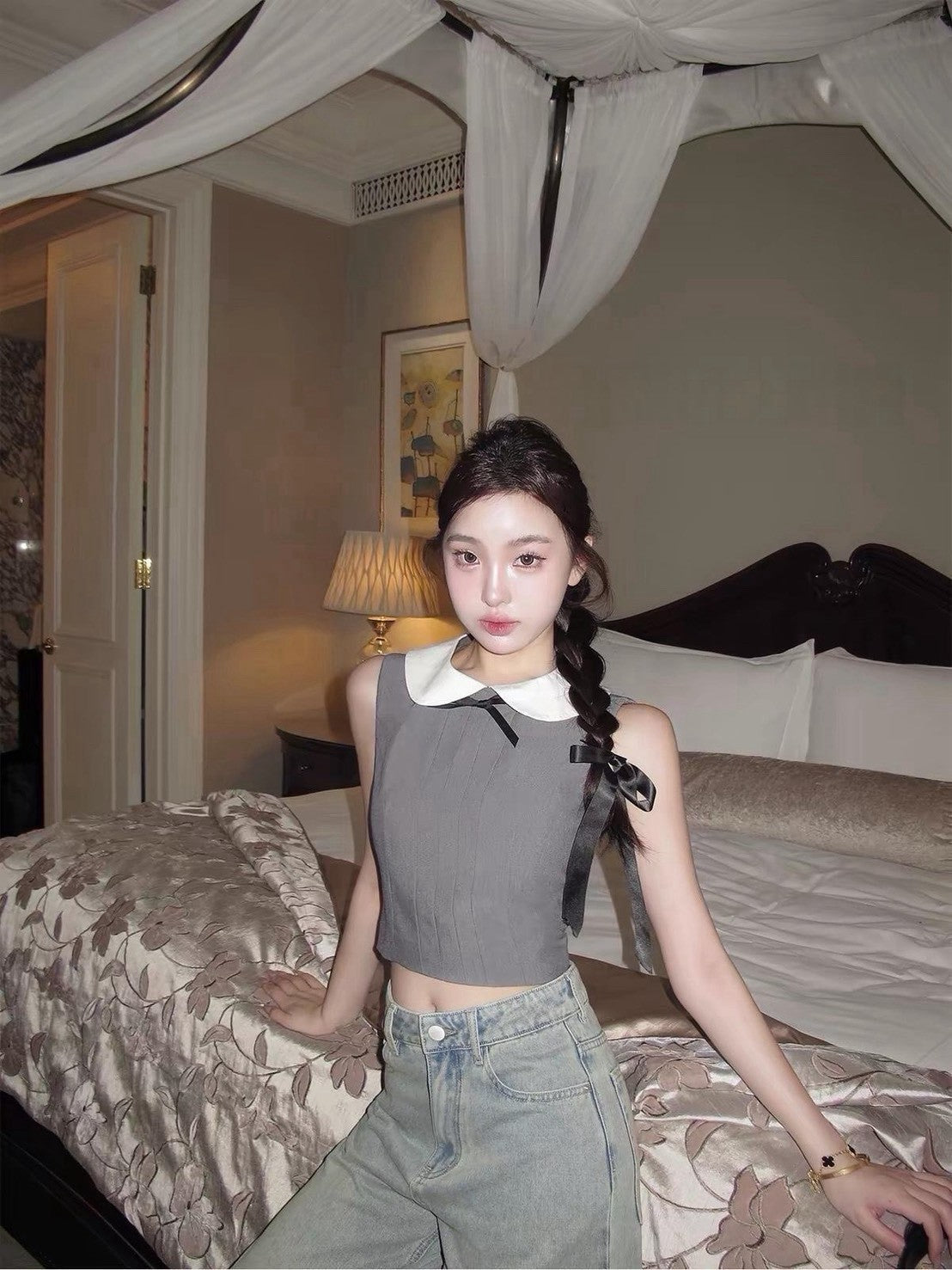 26Sep. 韓女甜美娃娃領蝴蝶結半身裙套裝 灰