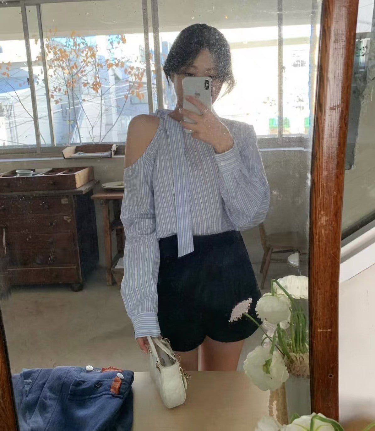 26Jun. 復古韓早春條紋綁帶露肩上衣 藍