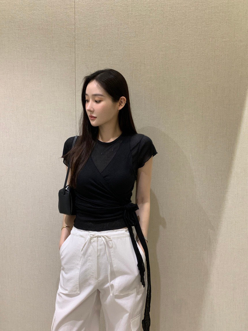 26Jun. 氣質捲邊透棉上衣綁帶背心2件組 白/黑