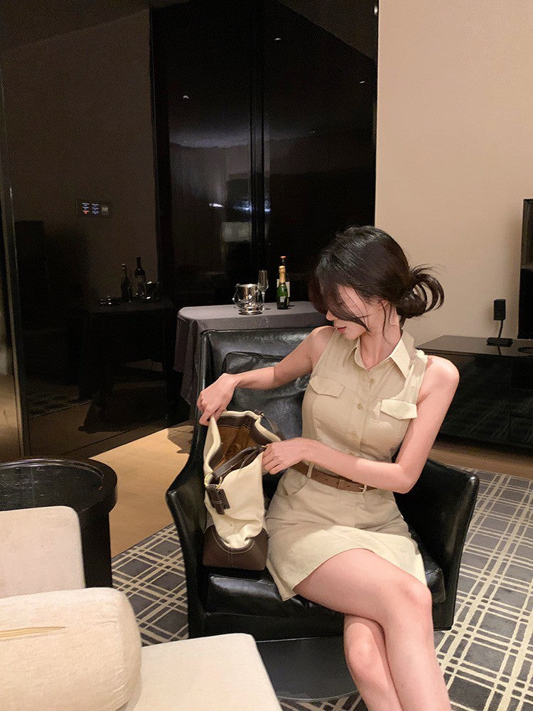 26Jun. 復古回潮 日常通勤polo領排扣連身裙 卡其