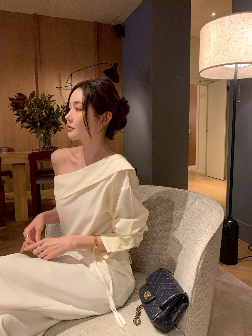 26Jun. 優雅單肩翻領長袖襯衫 杏/黑