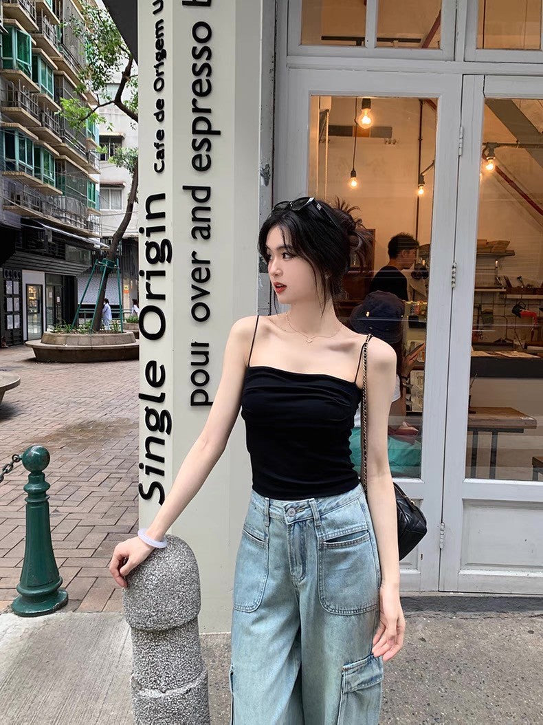 26Jun. 春夏薄款帶胸墊抓皺顯瘦背心 灰/黑