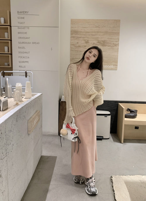 26Jun. 慵懶杏色罩衫 百搭綁帶連身裙 粉