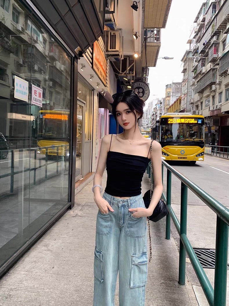 26Jun. 春夏薄款帶胸墊抓皺顯瘦背心 灰/黑